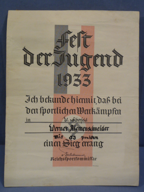 Original Nazi Era German Youth Sports Competition Document, Fest der Jugend 1933