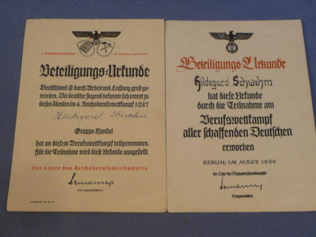 Original Pre-WWII German HJ Participation Certificates to Hildegard Schwehm