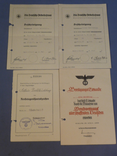 Original WWII German HJ and DAF Student Documents to Artur Dahlbüdding