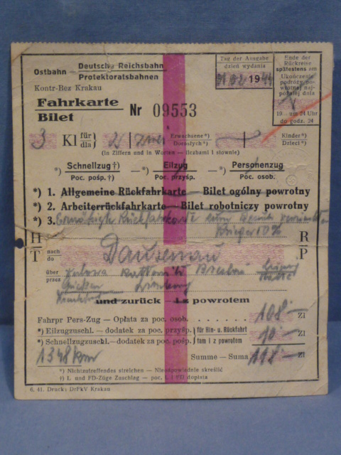 Original WWII German Military Eastern Railway Ticket and Billet Card, Krakau