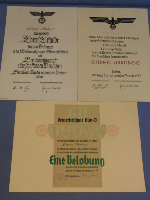 Original Nazi Era German HJ and DAF Student Documents to Bruno Fluhrer