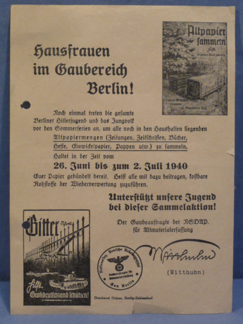 Original WWII German Flyer for Hitler Youth (HJ) Collection Campaign!