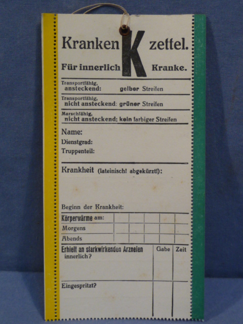 Original WWII German Medical Tag for Wounded Person, Krankenzettel