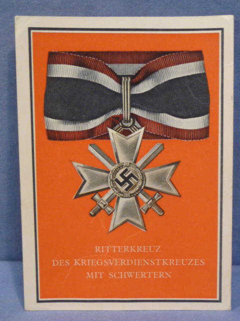 Original WWII German Medals Postcard, Knights Cross of the War Merit Cross w/Swords