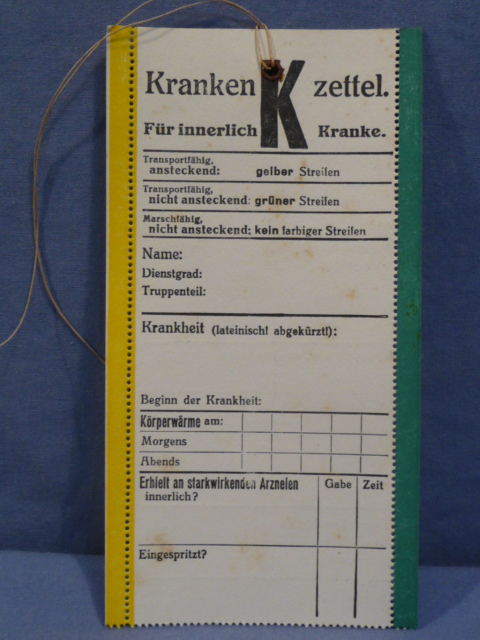 Original WWII German Medical Tag for Wounded Person, Krankenzettel