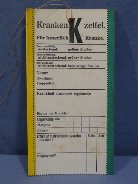 Original WWII German Medical Tag for Wounded Person, Krankenzettel