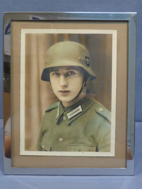 Original Nazi Era German Police Soldier's FRAMED Photograph, STEEL HELMET!