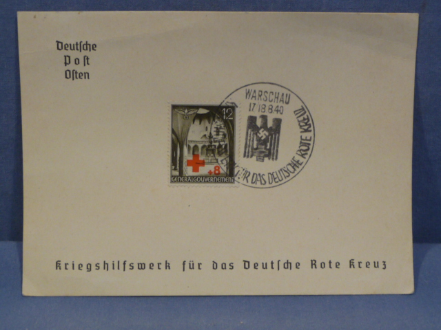 Original WWII German Red Cross War Help Work Stamp w/Warsaw Cancellation