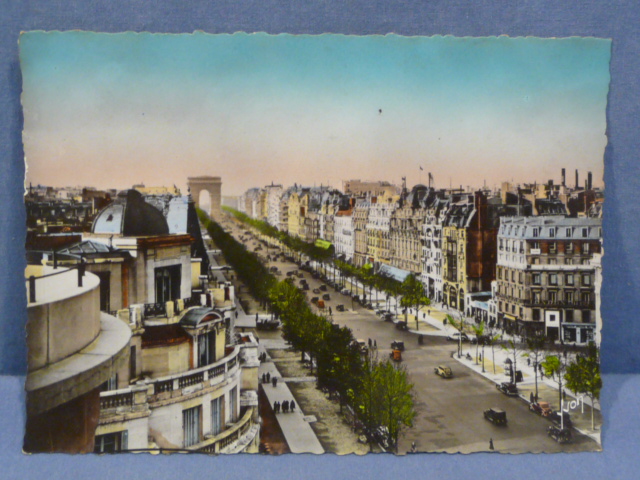 Original WWII Era French Architecture Postcard, Paris en Flanant Avenue des Champs-Elysees