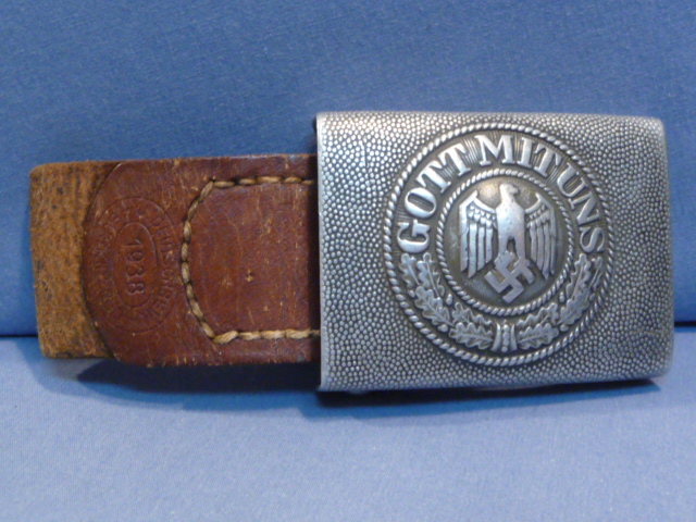 Original Pre-WWII German Heer EM/NCO Belt Buckle, Aluminum with Leather Tab