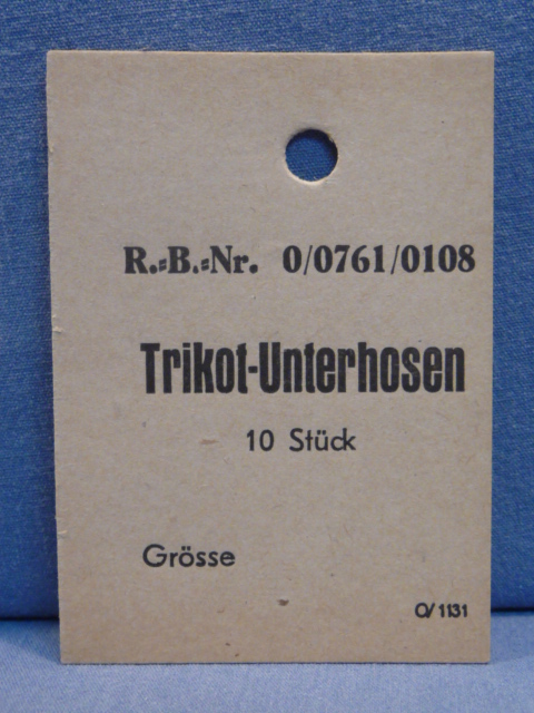 Original WWII German Cardstock Clothing Tag, Trikot-Unterhosen 10 St�ck