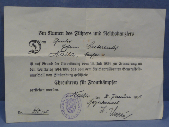 Original 1935 German Combatants 1914-1918 Honor Cross (Hindenburg Cross) Award Document