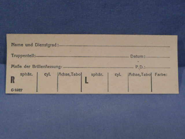 Original WWII German Military Eye Glasses Prescription Card, UNUSED