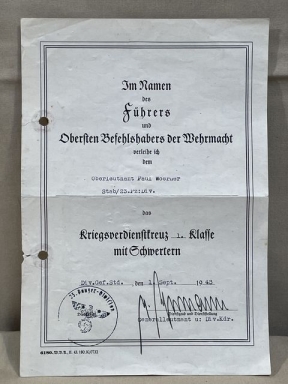 Original WWII German War Merit Cross 1st Class w/Swords Award Document, 23rd Panzer