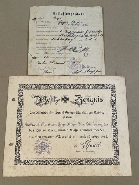 Original WWI German Documents Set, Iron Cross Award Doc. & Discharge