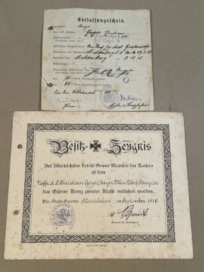 Original WWI German Documents Set, Iron Cross Award Doc. & Discharge