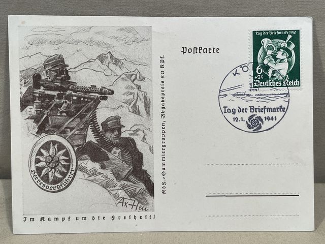 Original WWII German Day of the Stamp Commemorative Postcard, Heeresbergführer
