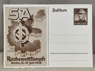 Original Nazi Era German Propaganda Themed Postcard, SA Sports Badge