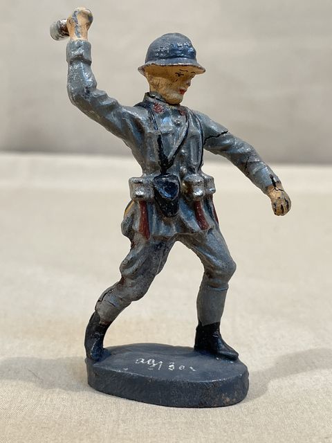 Original Nazi Era German Toy Soldier, French Soldier Throwing Grenade, ELASTOLIN
