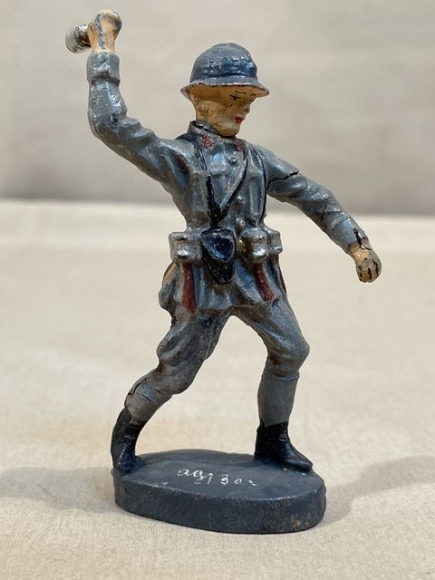 Original Nazi Era German Toy Soldier, French Soldier Throwing Grenade, ELASTOLIN