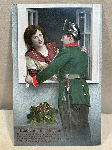 Original WWI German Military Themed Postcard, Sch�n ist die Jugend