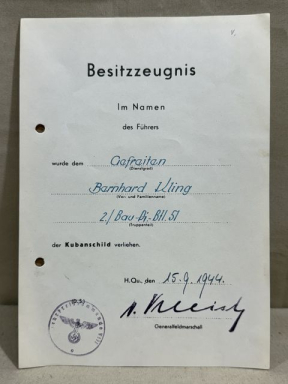 Original WWII German Award Document for the Kuban Shield