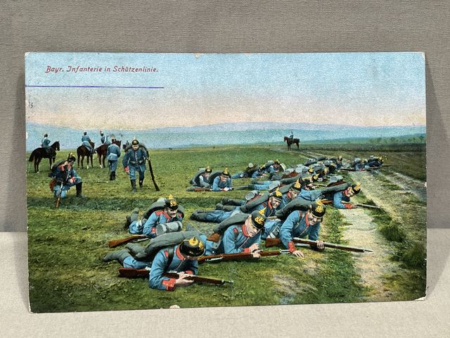 Original WWI German Military Themed Postcard, Bavarian Infantry in a Firing Line