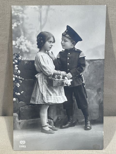 Original WWI German Propaganda Postcard, Little Boy and Girl