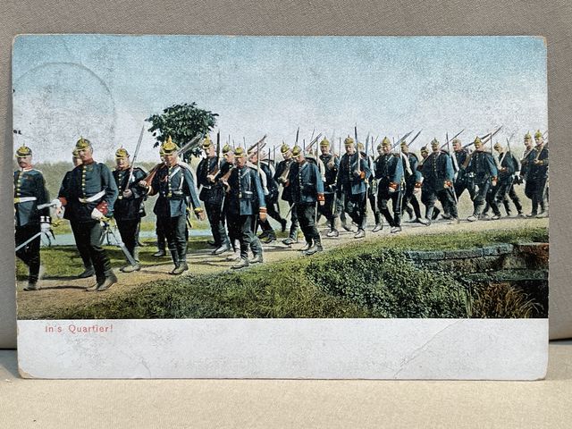 Original WWI German Military Themed Postcard, In's Quartier! (To the Quarters!)