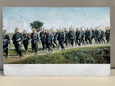 Original WWI German Military Themed Postcard, In's Quartier! (To the Quarters!)