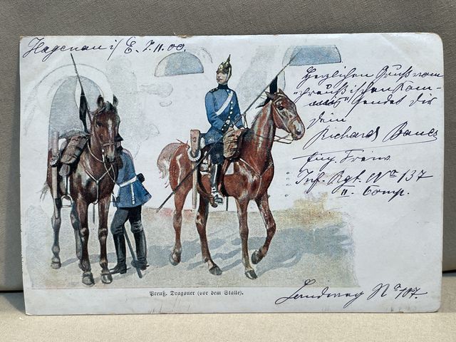 Original WWI German Military Themed Postcard, Preu�. Dragoner (vor dem Stalle)