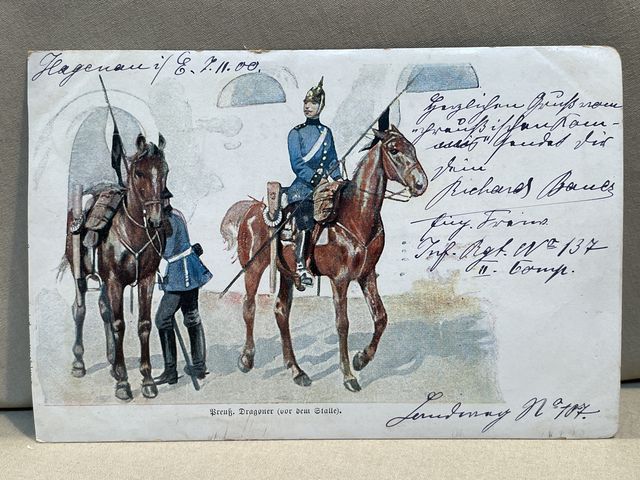 Original WWI German Military Themed Postcard, Preu. Dragoner (vor dem Stalle)
