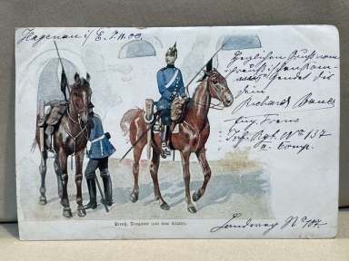 Original WWI German Military Themed Postcard, Preuß. Dragoner (vor dem Stalle)