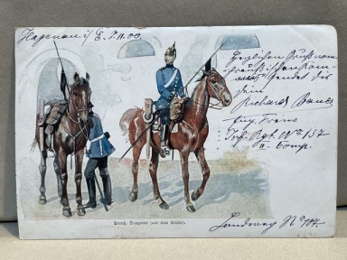 Original WWI German Military Themed Postcard, Preu. Dragoner (vor dem Stalle)