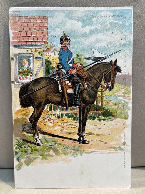 Original WWI German Military Themed Postcard, Dragoner - Vorposten