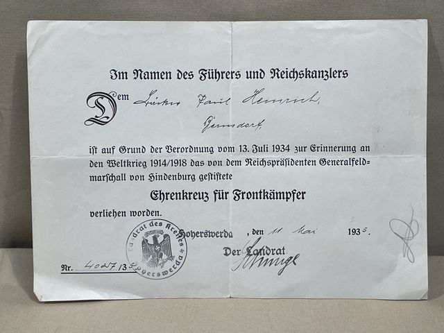 Original 1935 German Combatant's Cross of Honor 1914/18 Award Document