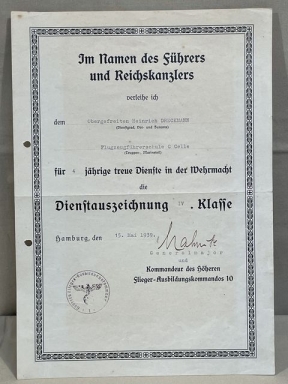 Original 1939 German Luftwaffe 4 Year Long Service Award Document, Obergefreiten
