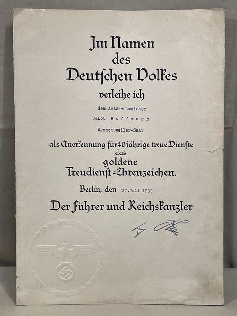 Original Pre-WWII German 40 Year Faithful Service Medal Award Document
