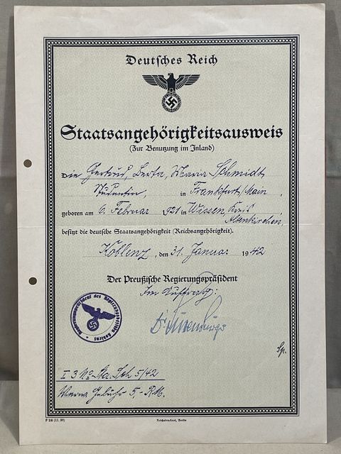 Original WWII German Citizenship ID (For Domestic Use) Document, Staatsangehrigkeitsausweis
