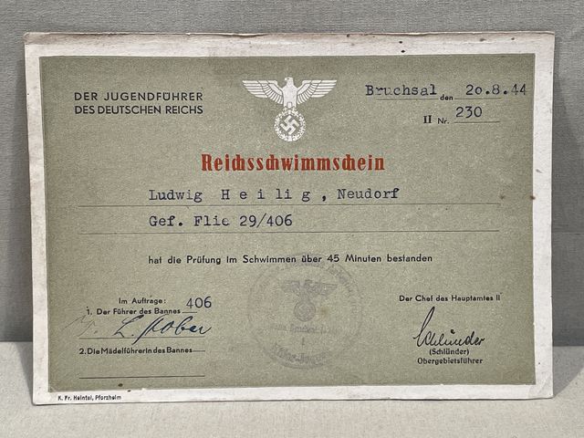 Original WWII German HJ (Hitler Youth) Reichs Swimming Certificate (Reichsschwimmschein)