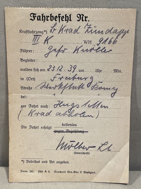 Original WWII German Zndapp Motorcycle Driving Order to Gefreiter Soldier, Fahrbefehl