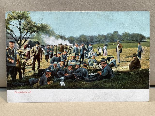 Original WWI German Military Themed Postcard, Biwakbesuch (Bivouac Visit)