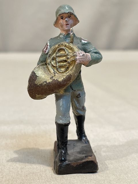 Original Nazi Era German Toy Soldier Marching with French Horn, SCHUSSO