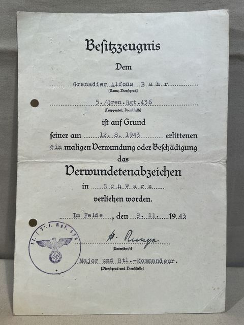Original WWII German Wound Badge in Black Award Document, Grenadier