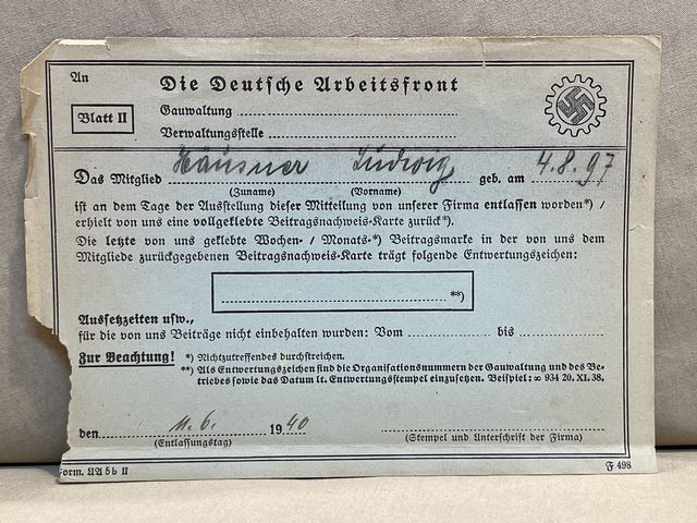 Original Nazi Era German DAF Membership Card