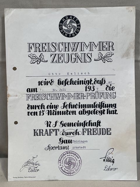 Original 1937 German DAF Free Style Swimming Certificate, FREISCHWIMMER