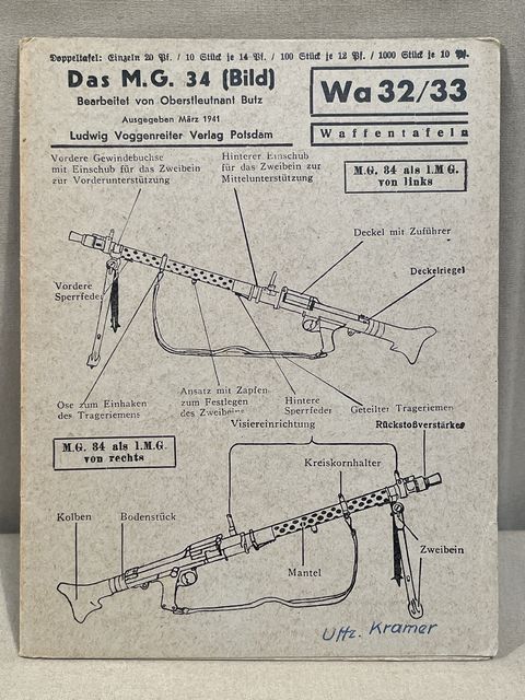 Original WWII German The MG 34 Training Sheet, Das M.G. 34
