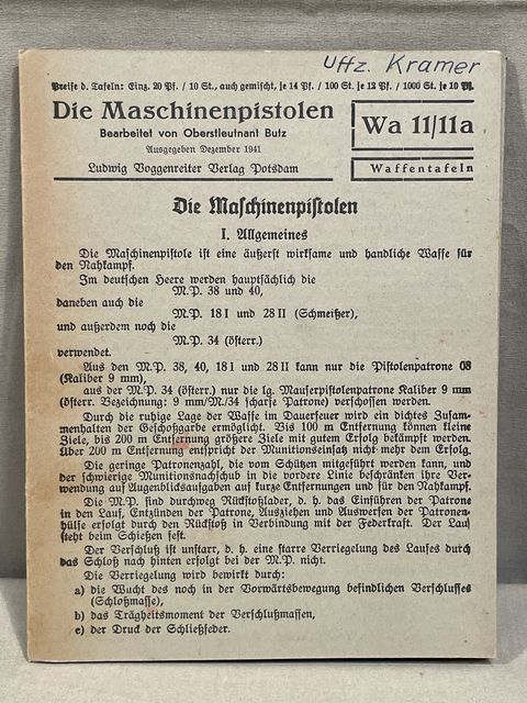 Original WWII German The Machine Pistols Training Sheet, Die Maschinepistolen