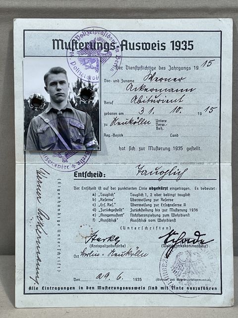 Original Nazi Era German HJ Temporary ID Card, Musterungs-Ausweis 1935