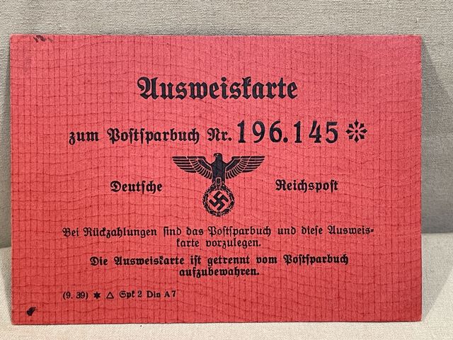 Orignal Nazi Era German Postal Savings Book (Postsparbuch) Identification Card